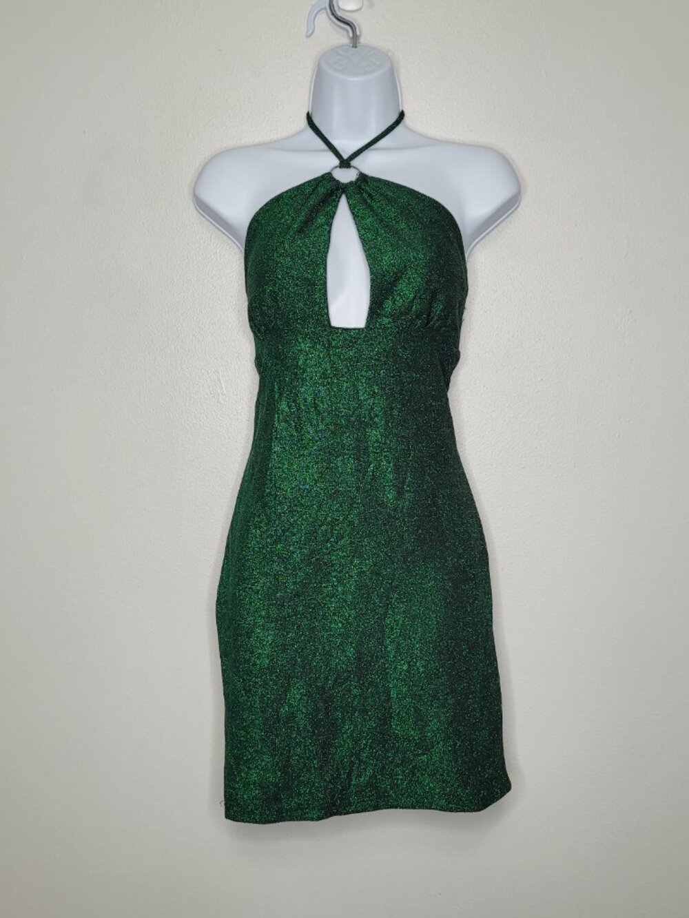 Vintage Y2k Wet Seal Emerald Green Sparkly Halter Keyhole Bodycon Dress Party L